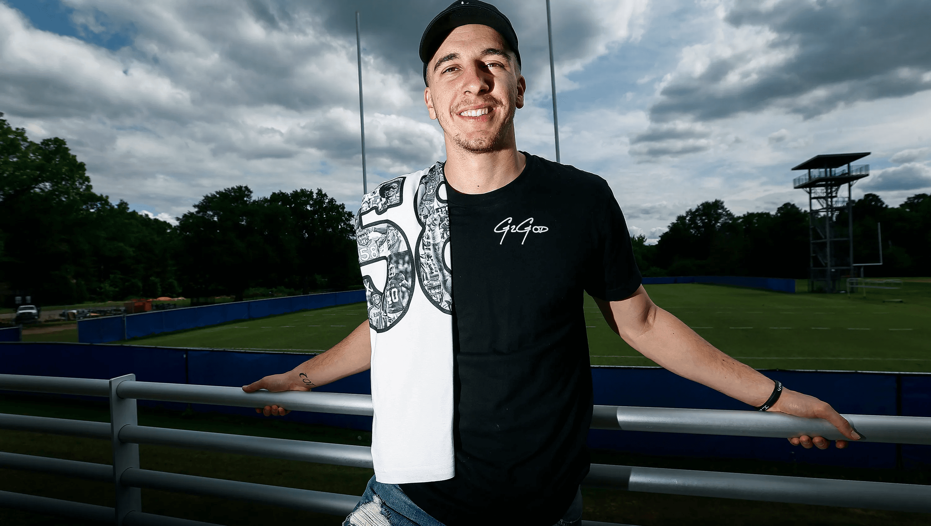 Jason QB Stew Stewart on a football field wearing G2GOD